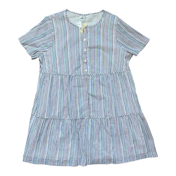 NWT Madewell Women’s XL Striped Colorful Crewneck Button-Front Tiered Mini Dress - Picture 1 of 6